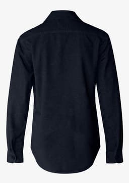 A black unisex shirt with long sleeves and a collared design, featuring a logo on the back.