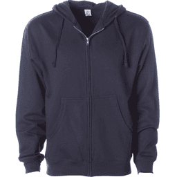 A navy midweight zip hood with a front zipper and kangaroo pockets, featuring a logo on the chest area.
