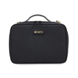 A black clinical clutch bag with a top handle and a logo on the front.
