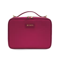 A fuchsia bag with a gold zipper and a logo, featuring a handle on top for easy carrying.