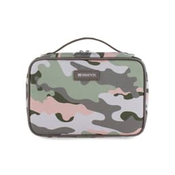 A camouflage-patterned bag in shades of green, pink, and grey, featuring a zip closure and a handle.