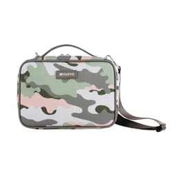 A camouflage-patterned bag in green, pink, and grey, featuring a handle and a detachable strap. It has a logo on it.