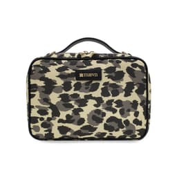 A leopard print bag with a black handle, featuring a logo on the front and gold zippers.
