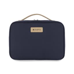 A navy blue pouch with a tan handle and a logo patch, featuring a zip closure.