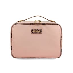 A pink and leopard print bag with a zip closure and a handle, featuring a logo on the front.