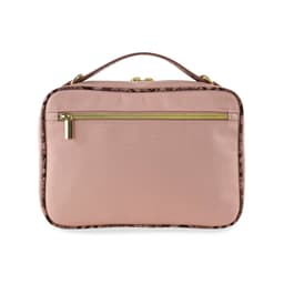 A pink bag with a gold zipper and a textured design, featuring a handle on top and a logo.