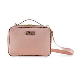 A pink bag with a leopard print design, featuring a handle and a detachable strap. It has a logo on the front.