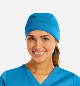 A blue unisex scrub cap worn by a smiling individual, paired with a matching scrub top.