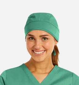A unisex scrub cap in teal worn by a smiling individual. The cap has a simple design and fits comfortably.