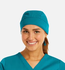 A unisex scrub cap in vibrant teal, featuring a simple design and a logo on the front.