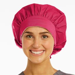A unisex bouffant scrub cap in vibrant pink, designed for comfortable wear. The cap features an elastic band for secure fit.