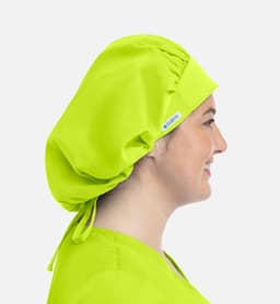 A unisex bouffant cap in bright lime green, featuring a logo and ties at the back for an adjustable fit.