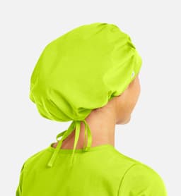 A bright lime green unisex bouffant cap with a gathered design and tie-back feature.
