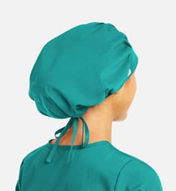 A unisex bouffant scrub cap in teal, featuring a gathered design and adjustable ties at the back.