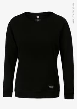 A black sweatshirt featuring a crew neckline and long sleeves, made from organic cotton, with a small logo detail.