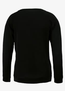 A black sweatshirt with a rounded neckline and long sleeves, featuring a logo on the back.