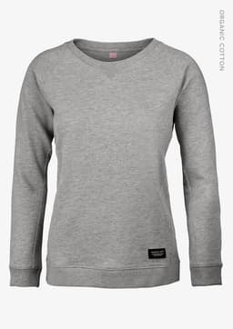 A grey women's sweatshirt with long sleeves, featuring a round neckline and a logo on the front.