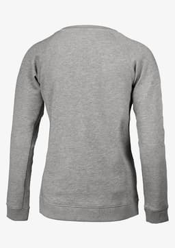 A grey women's sweatshirt featuring a simple design and long sleeves. It includes a logo on the back.