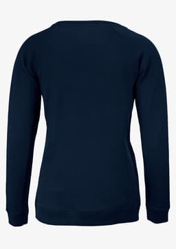 A navy sweatshirt with a simple design, featuring a crew neck and long sleeves. It has a logo on the back.