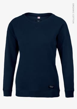 A navy sweatshirt with a V-neck design and long sleeves, featuring a logo on the front.