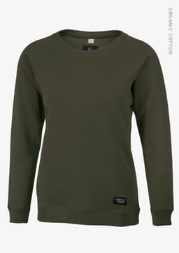 A green women's sweatshirt featuring a v-neck design and a logo label on the front.