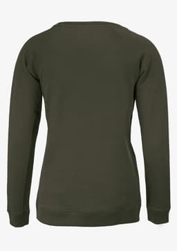 A green women's sweatshirt with a simple design and long sleeves, featuring a logo on the back.