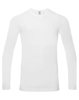 A long-sleeve underscrub baselayer in white, featuring a fitted design and a logo.