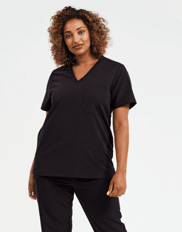 A black women's tunic featuring a v-neck and short sleeves, with a pocket on the front.