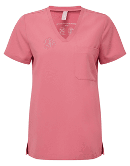 A pink women's tunic featuring a V-neck, short sleeves, and a chest pocket, with side slits for added comfort.