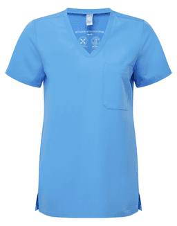 A blue women's tunic with a V-neckline and a chest pocket, featuring a logo.