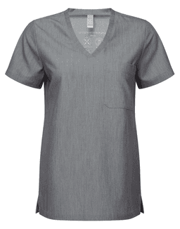 A grey women's tunic with a V-neckline and short sleeves, featuring a chest pocket and side slits.