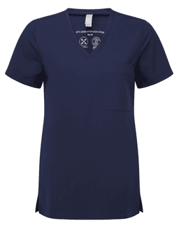 A navy women's tunic with a V-neck, short sleeves, and a chest pocket. It features a logo on the label.
