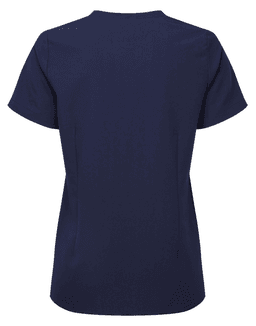 A navy blue women's tunic with a simple design and short sleeves, featuring a logo on the back.