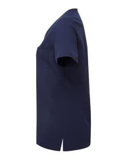 A women's navy tunic with short sleeves and a pocket, featuring a straight cut and side slits.