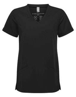 A black women's tunic with a V-neck and short sleeves, featuring two front pockets. It has a logo on the inside.