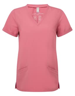A pink Women's Invincible Stretch Tunic with a V-neck design and two front pockets. It features a logo on the label.
