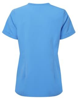A blue women's tunic featuring short sleeves and a back view design. The garment has a logo.