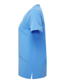 A blue women's tunic in a stretch fabric with short sleeves and a side pocket. It features a logo.