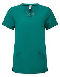 A women's tunic in teal with a V-neck, short sleeves, and two front pockets. The tunic has a logo on it.