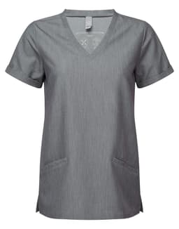 A grey women's tunic with a V-neck, short sleeves, and two front pockets. It features a branding logo.