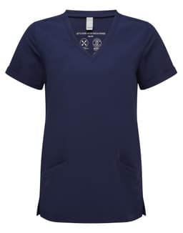 A navy blue women's tunic featuring a V-neck, short sleeves, and two side pockets. It has a logo on the label.
