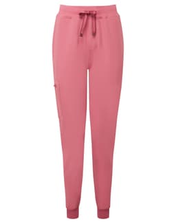 Pink women's jogger pants with a drawstring waist and elastic cuffs, featuring one side pocket and a logo.