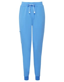 A pair of women's jogger pants in bright blue, featuring a drawstring waist and tapered ankles, with a logo.