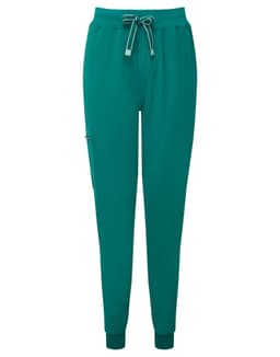 Teal jogger pants with a drawstring waist and elastic cuffs, featuring a side pocket and logo branding.