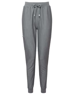 A pair of women's jogger pants in grey, featuring an elastic waistband and a drawstring. The design includes a side pocket and logo.