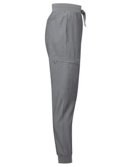A pair of women's jogger pants in grey, featuring a waistband with drawstring and side pockets. Includes branding.