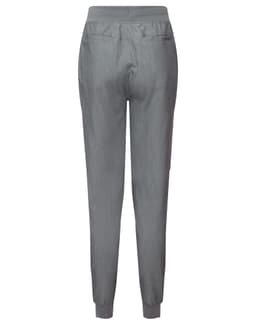 A pair of women's jogger pants in grey, featuring a tapered design and an elastic waistband.