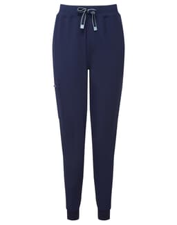Navy women's jogger pants with a drawstring waist and cuffed ankles, featuring a side pocket and a logo.