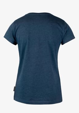 A women's T-shirt in navy blue with a rounded neckline and short sleeves, featuring a logo tag.