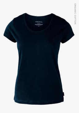 A navy women's t-shirt featuring a classic scoop neck and short sleeves, made from organic cotton.